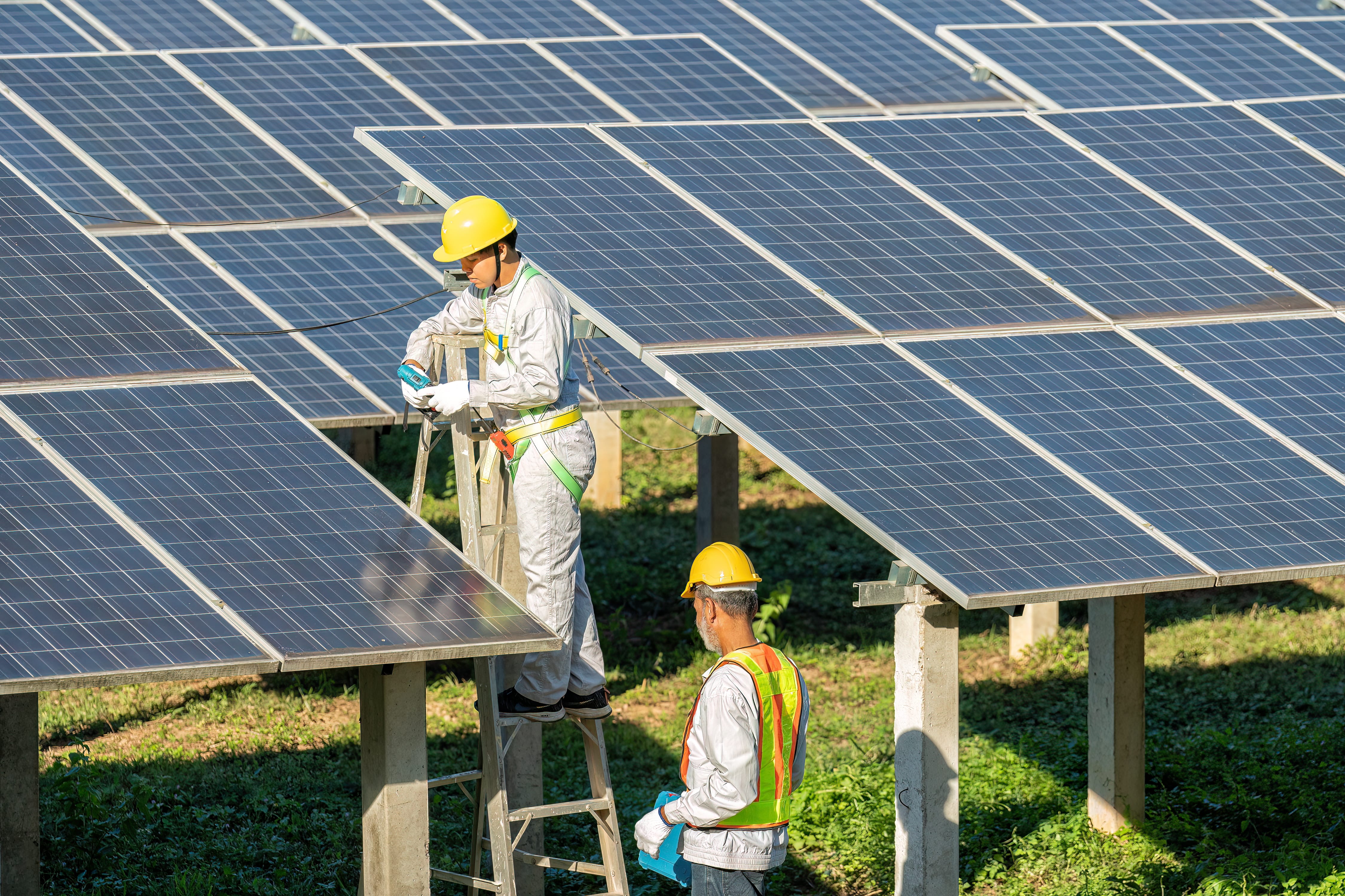 Deux techniciens en tenue de sécurité effectuent la maintenance de panneaux solaires photovoltaïques sur une installation au sol, dans un environnement verdoyant.