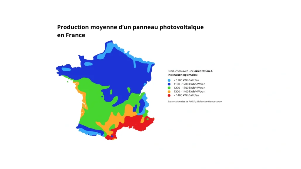 carte de la france avec 5 zones de la production moyenne d'un panneau photovoltaïque en kWc