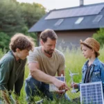 père avec ses deux enfants expliquant ce que sont les panneaux solaires au sol