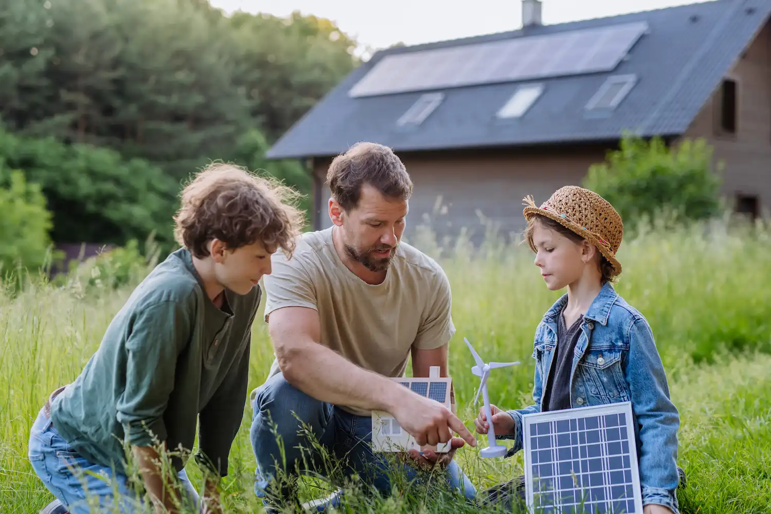 père avec ses deux enfants expliquant ce que sont les panneaux solaires au sol