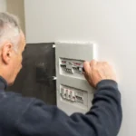 homme devant son panneau électrique ayant disjoncté plusieurs fois d'affilé