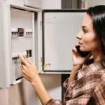 femme devant sont compteur électrique appelant son fournisseur pour régler son problème d'index