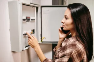 femme devant sont compteur électrique appelant son fournisseur pour régler son problème d'index