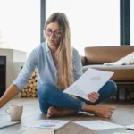 femme assise sur le sol de son appartement analysant les factures de l'année de son contrat Tempo