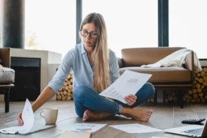 femme assise sur le sol de son appartement analysant les factures de l'année de son contrat Tempo